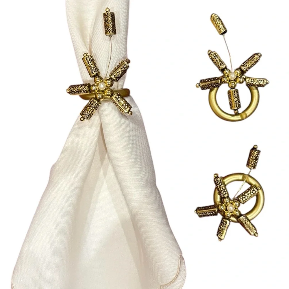 Set of 6 New handmade Gold Beaded Napkin Ring